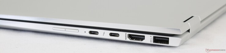 Rechterkant: Volumeknop, 2x USB Type-C w/ Thunderbolt 3, HDMI 1.4, USB 3.1 Type-A