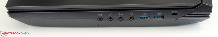 Rechts: Line-in, microfoon, line-out, hoofdtelefoon, 2x USB-A 3.0, Kensington Lock