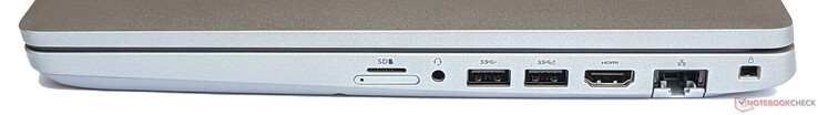 Rechterkant: MicroSD-kaartlezer (boven), SIM-kaartsleuf (onder), 2x USB 3.2 Gen 1 Type-A, HDMI, Gigabit LAN, kabelvergrendeling