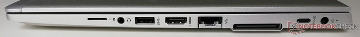 Rechterkant: SIM kaart, audiopoort, 1x USB 3.1 Gen.1, HDMI, LAN, docking station aansluiting, 1x USB 3.1 Typ-C, stroomtoevoer