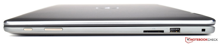 Rechts: power-knop, volume, SD-kaartlezer, USB 2.0, Noble-veiligheidsslot