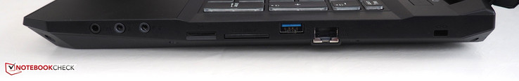 Right side: 3x audio, SIM-card slot, card reader, USB 3.0, RJ45-LAN, Kensington Lock