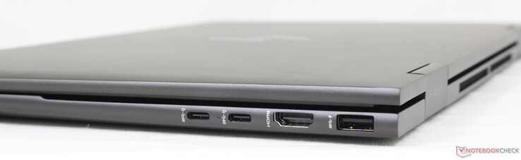 Rechts: 2x USB-C (10 Gbps) met Power Delivery + DisplayPort 1.4, HDMI 2.1, USB-A (10 Gbps)