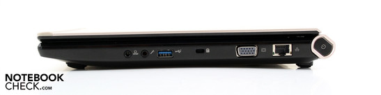 Rechterzijde: hoofdtelefoon/SPDIF, microfoon, USB 3.0, Kensington slot, VGA, Ethernet, aan/uit-knop