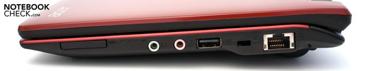 Right: Cardreader, audio sockets, USB 2.0, Kensington Lock, RJ-45