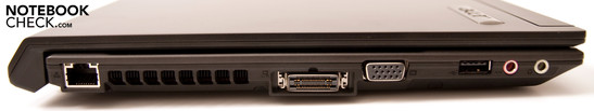 Links: 1x USB 2.0, audio poorten (hoofdtelefoon-uit, microfoon-in), VGA, Acer EasyPort IV, RJ45 netwerk poort (Gigabit LAN)