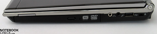 right side: DVD drive, card reader, audio ports (S/PDIF), USB, Kensington lock