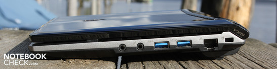 Rechts: line-out, microfoon, 2x USB 3.0, Ethernet, Kensington Lock