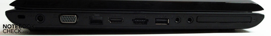 Links: Kensington, DC-in, VGA, Ethernet, HDMI, USB/eSATA combi, USB, audio, ExpressCard slot