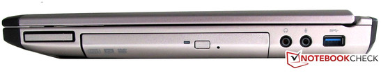 Rechts: ExpressCard, DVD brander, audio in/uit, USB 3.0