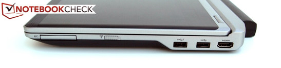 Rechterzijde: ExpressCard/34, Wi-Fi switch, 2x USB 3.0, HDMI