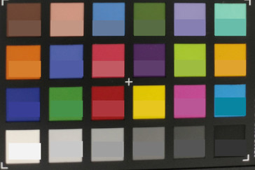 Foto van de ColorChecker kleuren. De referentiekleur wordt weergegeven in de lagere rij.