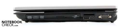 Rechts: DVD brander Lightscribe, USB 2.0, Firewire, kaartlezer, seriële poort D-Sub (RA232, 9 pins)