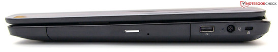 Rechts: optische drive, USB 2.0, voeding, Kensington Lock