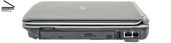 Rechterkant: DVD-drive, 5in1-kaartlezer, 1 maal USB 2.0, Gigabit-LAN, modem