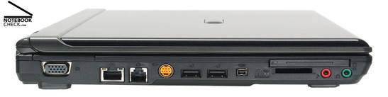 Linkerkant: VGA, Gigabit-LAN, modem, S-Video-out, 2x USB-2.0, FireWire, ExpressCard/54, 3-in-1-kaartlezer, microfoon, hoofdtelefoon