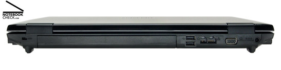 Achterzijde: Kensington slot, batterij, 2x USB-2.0, Gigabit-LAN, modem, VGA, stroom