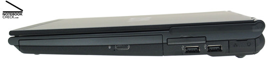 Rechterkant: DVD drive, ExpressCard/34, 2x USB-2.0, LAN, modem, WWAN antenne