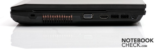 Links: Kensington Lock, VGA, HDMI, 2x USB 2.0, koptelefoon