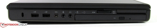 Links: Kensington Lock, 2x USB 2.0, FireWire, audio in/uit, kaartlezer, ExpressCard/54 en smart kaartlezer, Blu-ray brander