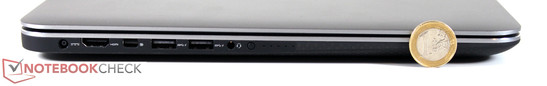 Linkerkant: stroomaansluiting, HDMI, DisplayPort, 2x USB 3.0, headset (3.5mm)
