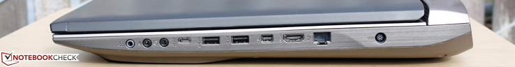 Rechts: Koptelefoon, Microfoon, Line-in, 1x USB 3.1 Type-C Gen. 2 + Thunderbolt 3, 2x USB 3.0, 1x HDMI, 1x RJ-45 Gigabit Ethernet