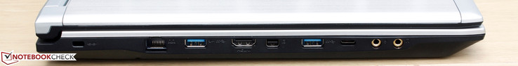 Links: Kensington lock, RJ45, 2x USB 3.0, HDMI, Mini-DP, USB 3.1 Type-C Gen. 2, microfoon, koptelefoon
