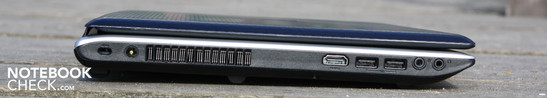 Linkerzijde: Kensington slot, stroomaansluiting, HDMI, 2x USB 2.0, hoofdtelefoon/SPDIF, microfoon