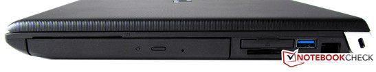 Rechterzijde: DVD, SmartCard lezer, ExpressCard (34 mm), USB 3.0, 2 USB 2.0s