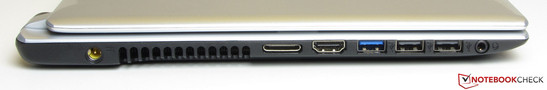 Linkerkant: stroomaansluiting, slot voor breakout kabel (VGA en Gigabit Ethernet, HDMI, USB 3.0, 2x USB 2.0, combinatie-audio