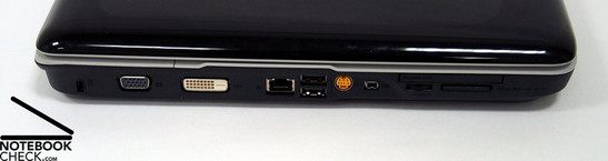Linkerkant: Kensington slot, VGA, DVI-D, LAN, 2x USB, S-Video, Firewire, Kaartlezer, ExpressCard