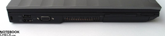 Linkerkant: Kensington slot, 2x USB 2.0 / eSATA, VGA-uit, ExpressCard, SD-kaartlezer
