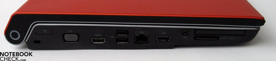 Linkerkant: Kensington slot, VGA-uit, HDMI, 2x USB 2.0, LAN, USB, FireWire, ExpressCard, SD-kaartlezer