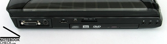 Linkerkant: DVI-D-I, S-Video uitgang, USB, Firewire, Cardreader, DVD, Audio Aansluitingen