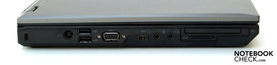 Links: Kensington Security slot, 2x USB-2.0, VGA, FireWire, microfoon, headset, ExpressCard/54, 3-in-1 kaartlezer