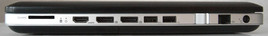 Rechts: kaartlezer, HDMI, 2x DisplayPort, USB 3.0, USB 2.0, volume, RJ45, voeding