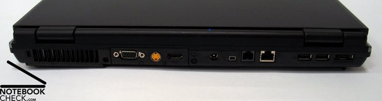 Achterkant: Kensington Slot, Fan, VGA Out, S-Video, HDMI, Voedingsaansluiting, Firewire, Modem, LAN, 2x USB 2.0, eSATA