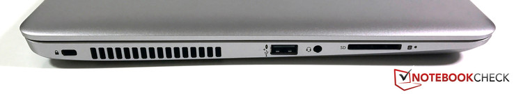Linkerkant: opening voor kabelslot, ventilator, USB 2.0 (opladen), headset, SD kaartlezer