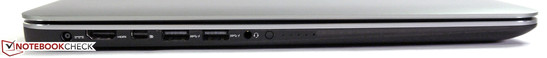 Linkerzijde: AC jack, HDMI, Mini DisplayPort, 2 x USB 3.0, audio in/uitgang, batterijlading indicator