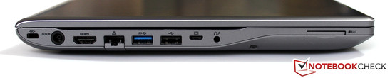 Linkerzijde: Kensington Lock, stroomaansluiting, HDMI, Gigabit LAN, USB 3.0, USB 3.0, VGA (via adapter), hoofdtelefoon/microfoon, kaartlezer