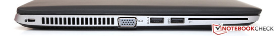 Linkerzijde: Kensington Lock, luchtuitlaat, VGA, 2x USB 3.0, SmartCard lezer