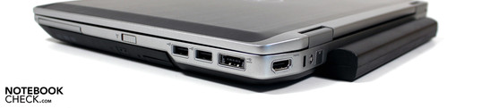 Rechterzijde: ExpressCard, 2x USB 2.0, USB/eSATA, HDMI, Kensington slot, modem (optioneel)