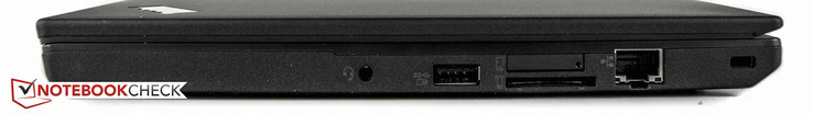 Rechts: gecombineerde audiopoort, USB 3.0, SD-kaartlezer, SIM-slot voor optionele WWAN module, Ethernet, Kensington Lock