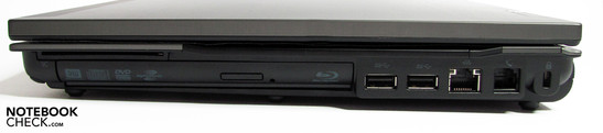 Rechts: SmartCard, BluRay combo, 2 USB 3.0s, LAN, modem, Kensington
