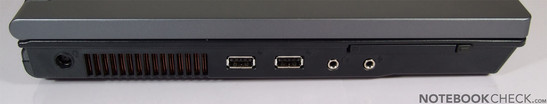 Linkerzijde: Stroom aansluiting, 2x USB poorten, VGA, LAN, Modem, HDMI, Firewire