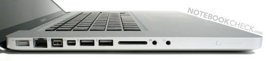 Mag Safe, Gigabit LAN, FireWire 800, Mini DisplayPort, 2x USB 2.0, SD-kaartlezer, line-in & line-out (optisch & analoog), batterij status LED's