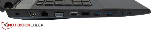 Links: Kensington Lock, voeding, RJ45, Gigabit LAN, VGA, HDMI, DisplayPort, 2x USB 3.0, 7in1 kaartlezer, microfoon, koptelefoon