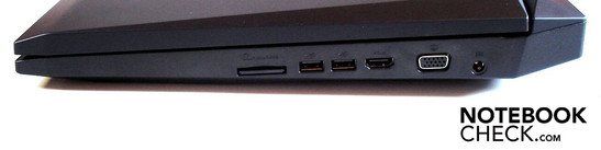Rechts: cardreader, 2 x USB 2.0, HDMI, VGA, adapteraansluiting