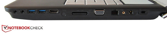 Rechts: 2x audio, 2x USB 3.0, HDMI, kaartlezer, VGA, RJ45 Gigabit LAN, subwoofer aansluiting, voeding, Kensington Lock