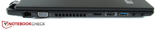 Links: RJ45 Gigabit LAN, VGA, HDMI, eSATA / USB 2.0, USB 3.0, microfoon, koptelefoon